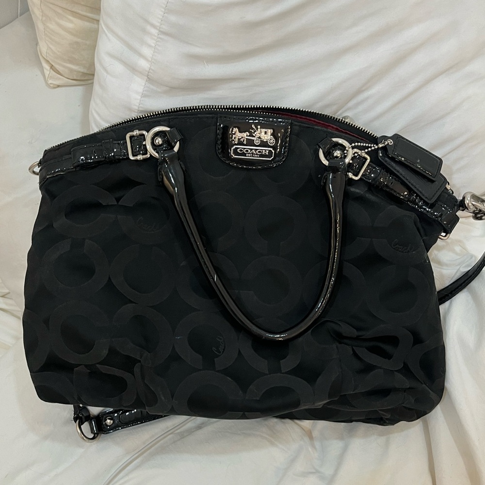 Coach Black Signature Nylon Satchel with Patent Trim